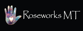 Logo of Roseworks MT with a colorful hand design on a black background