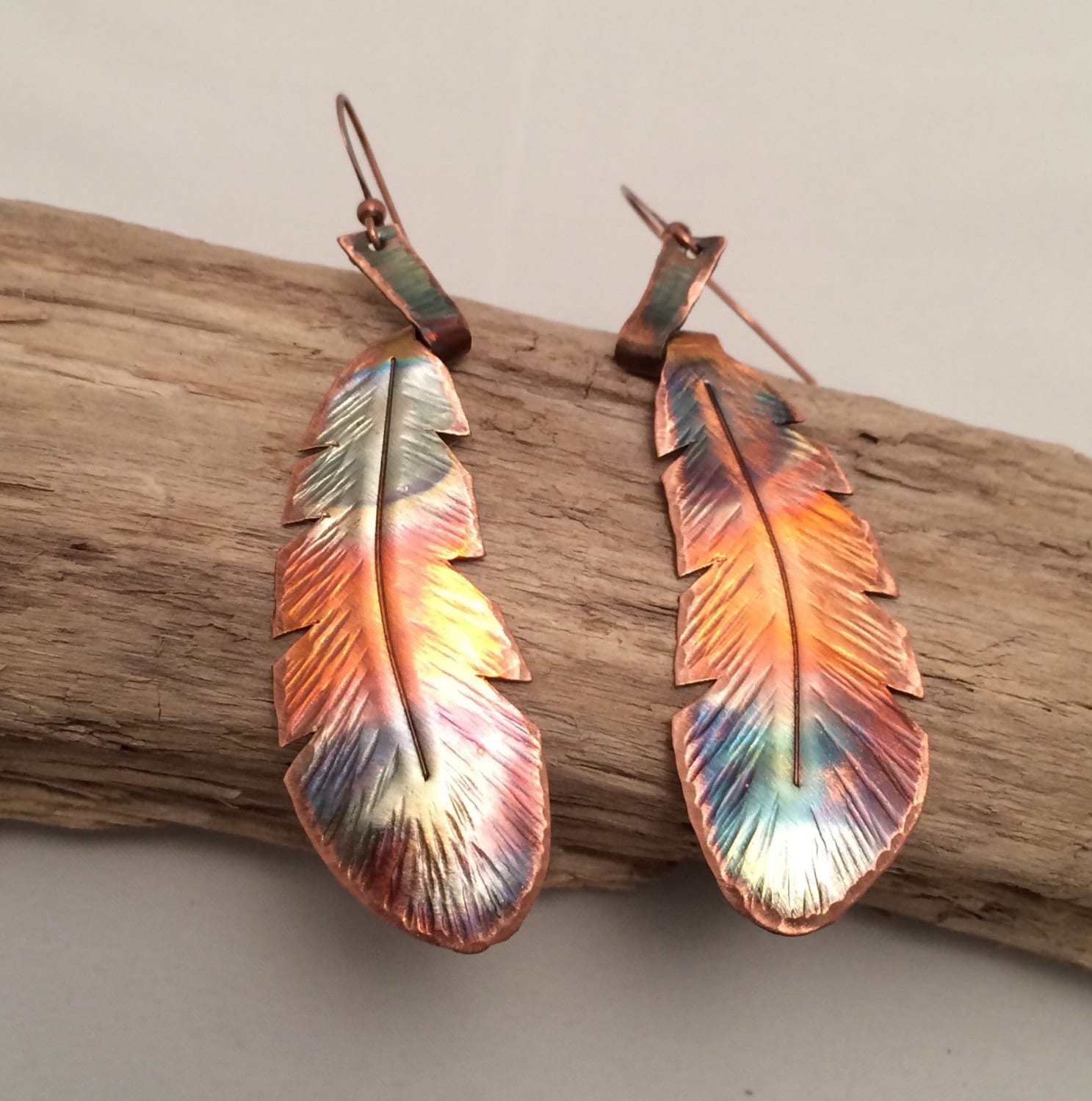 Handcrafted Copper wrapped stem Feather Earrings