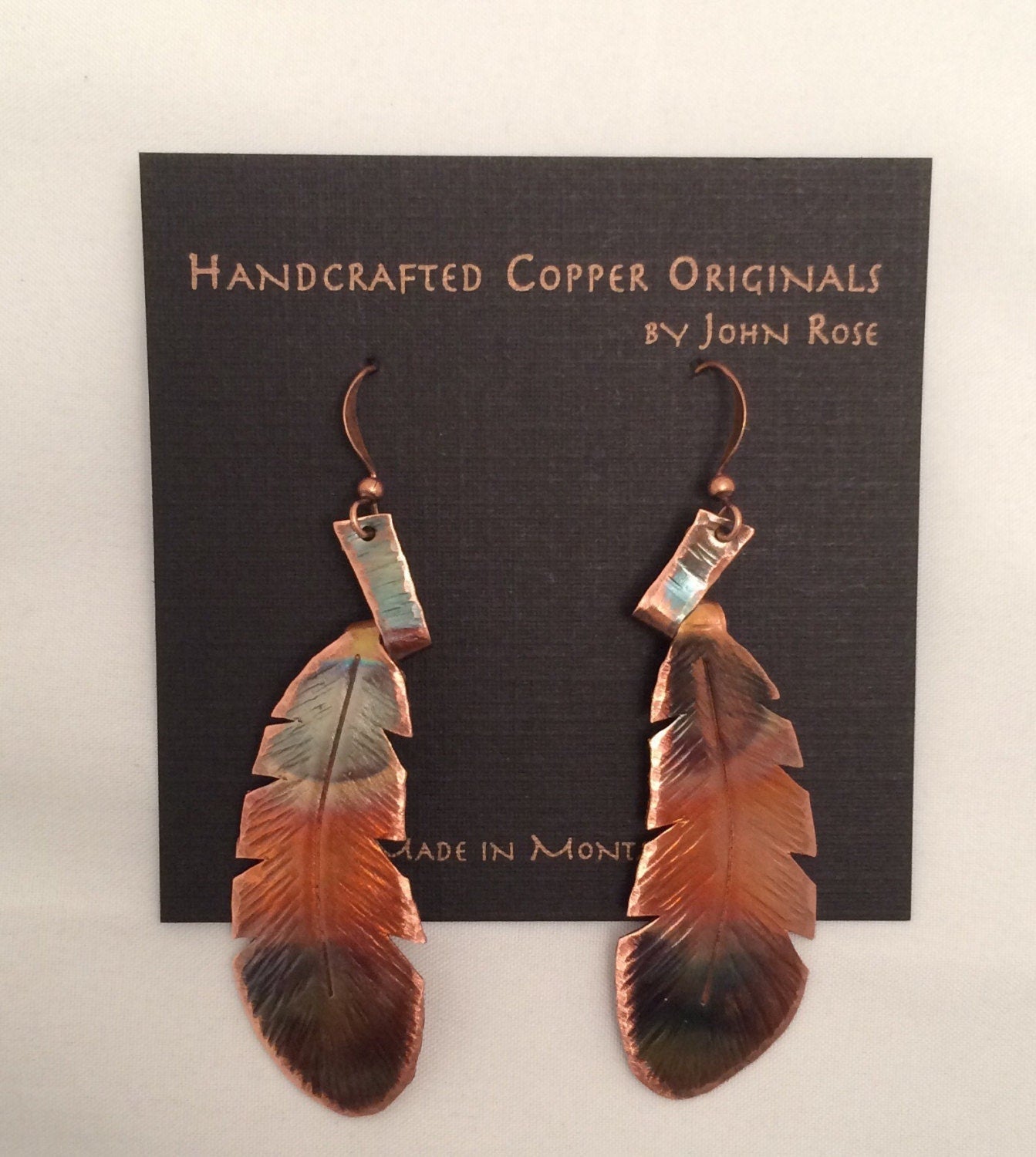 Handcrafted Copper wrapped stem Feather Earrings