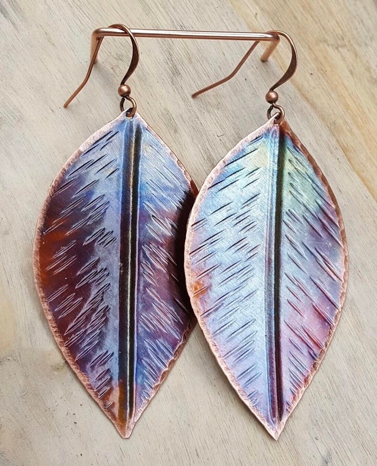 Handcrafted Copper Large Leaf Earrings