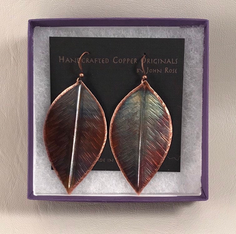 Handcrafted Copper Large Leaf Earrings