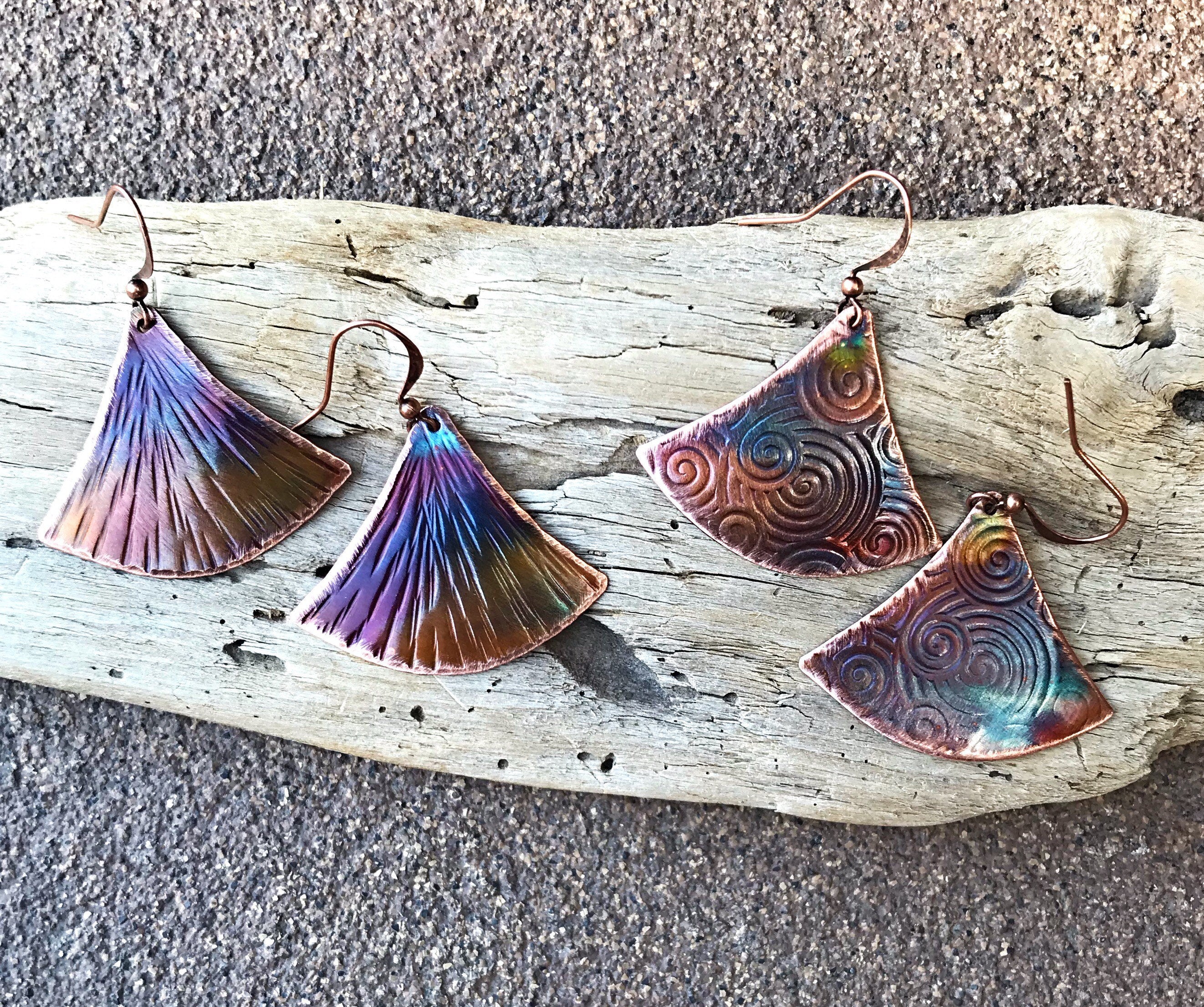 Handcrafted  Copper Fan style Earrings, Torched copper, Modern, heated copper, Made in Montana