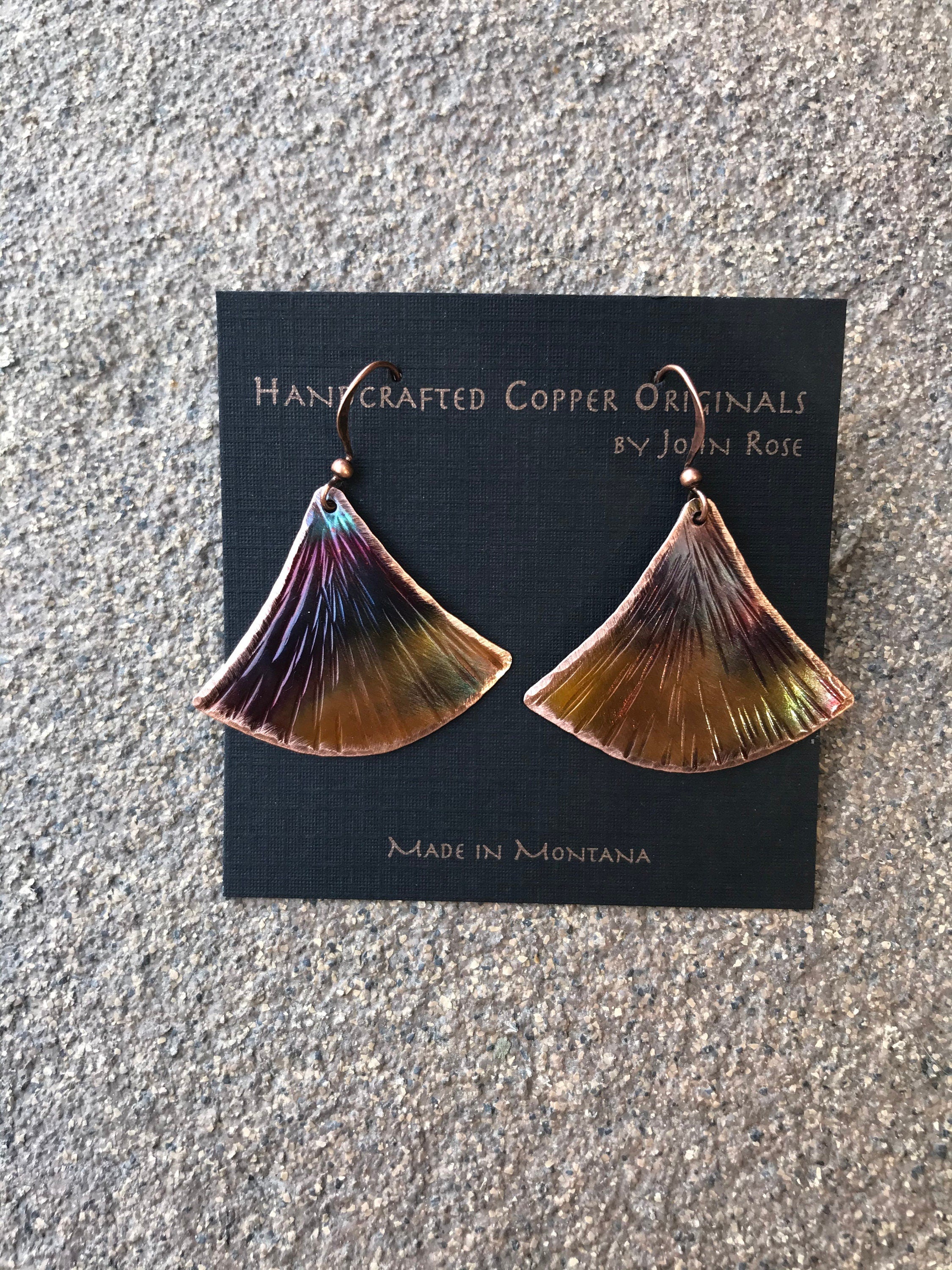 Handcrafted  Copper Fan style Earrings, Torched copper, Modern, heated copper, Made in Montana