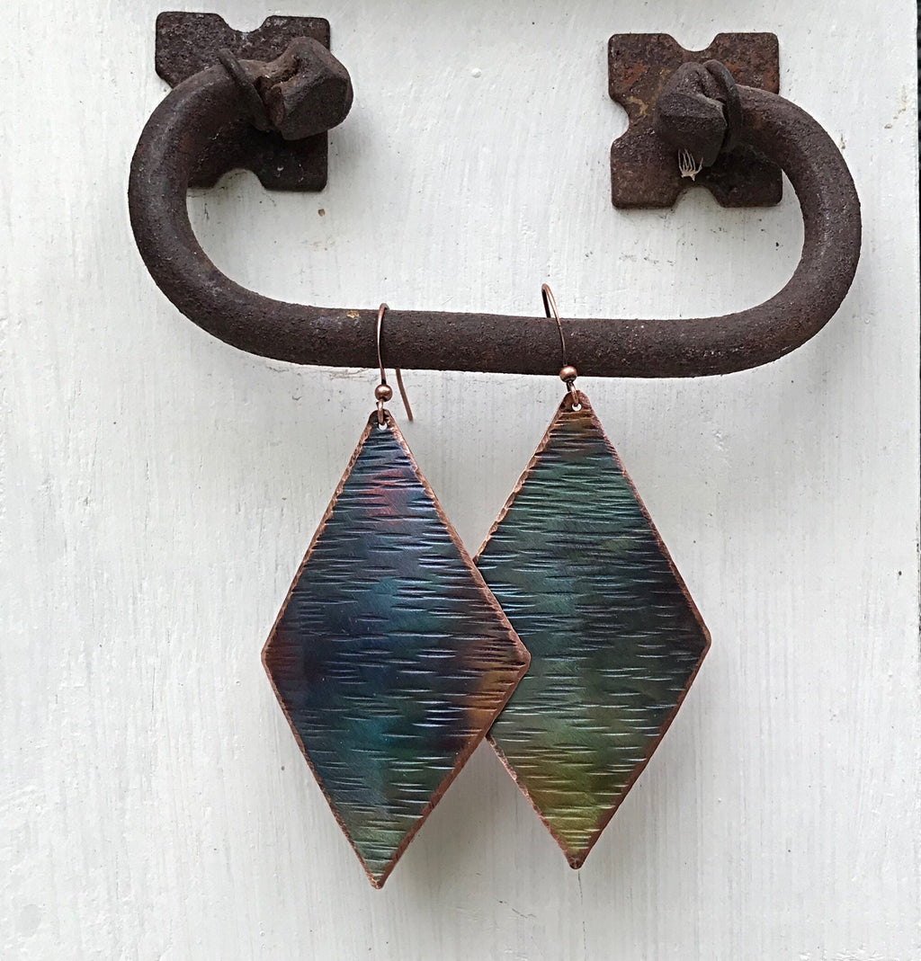 Handcrafted Copper Large Diamond Earrings, Trendy Earrings, Big Earrings, Torched Copper Earrings