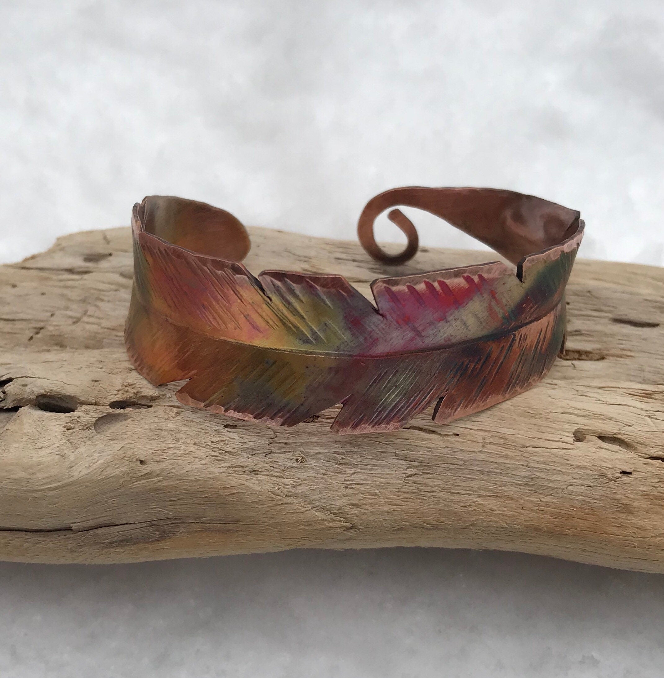 Hammered Copper Feather Cuff, Healing Bracelet, Copper Bracelet, Copper Absorbtion,
