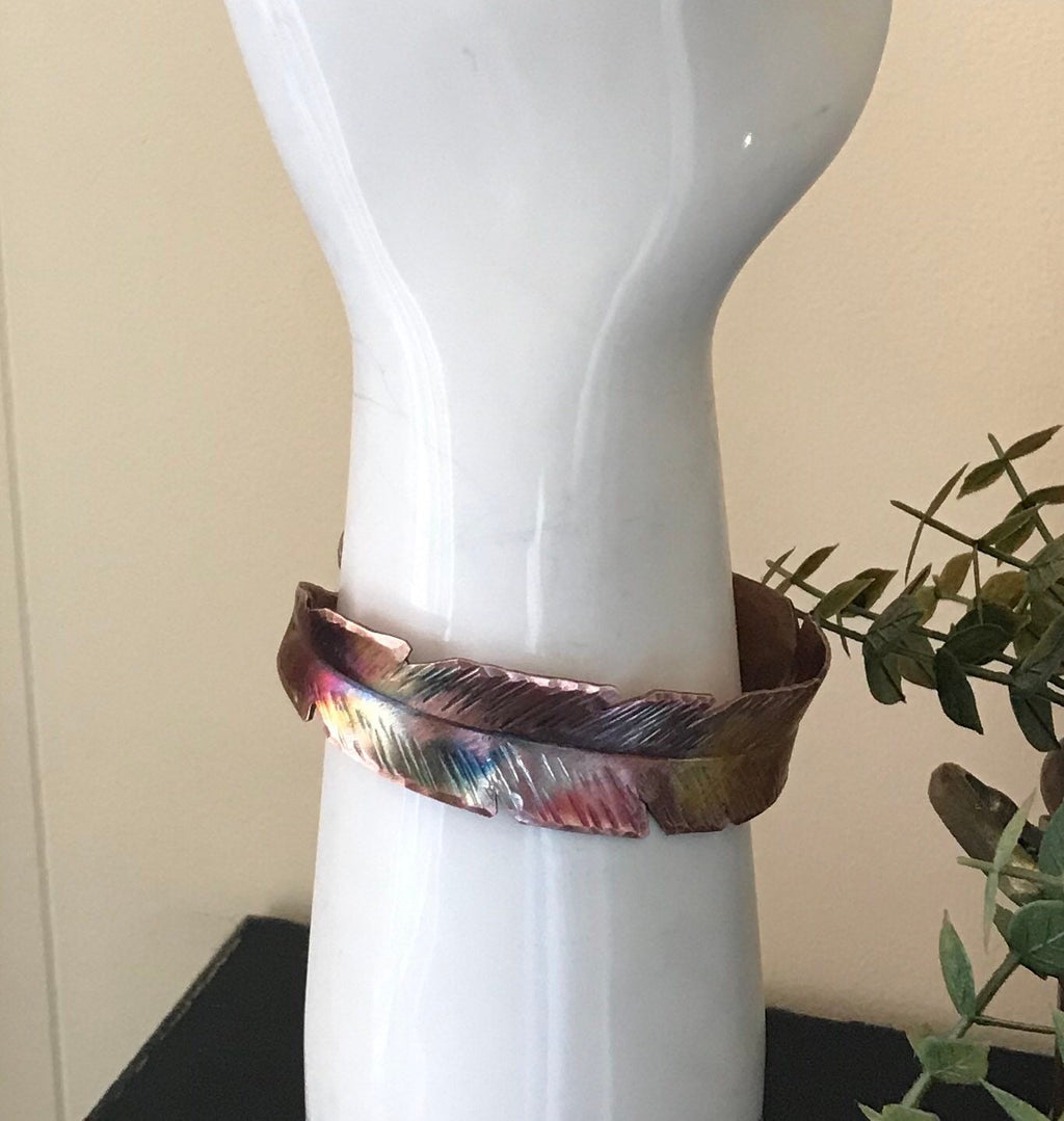 Hammered Copper Feather Cuff, Healing Bracelet, Copper Bracelet, Copper Absorbtion,