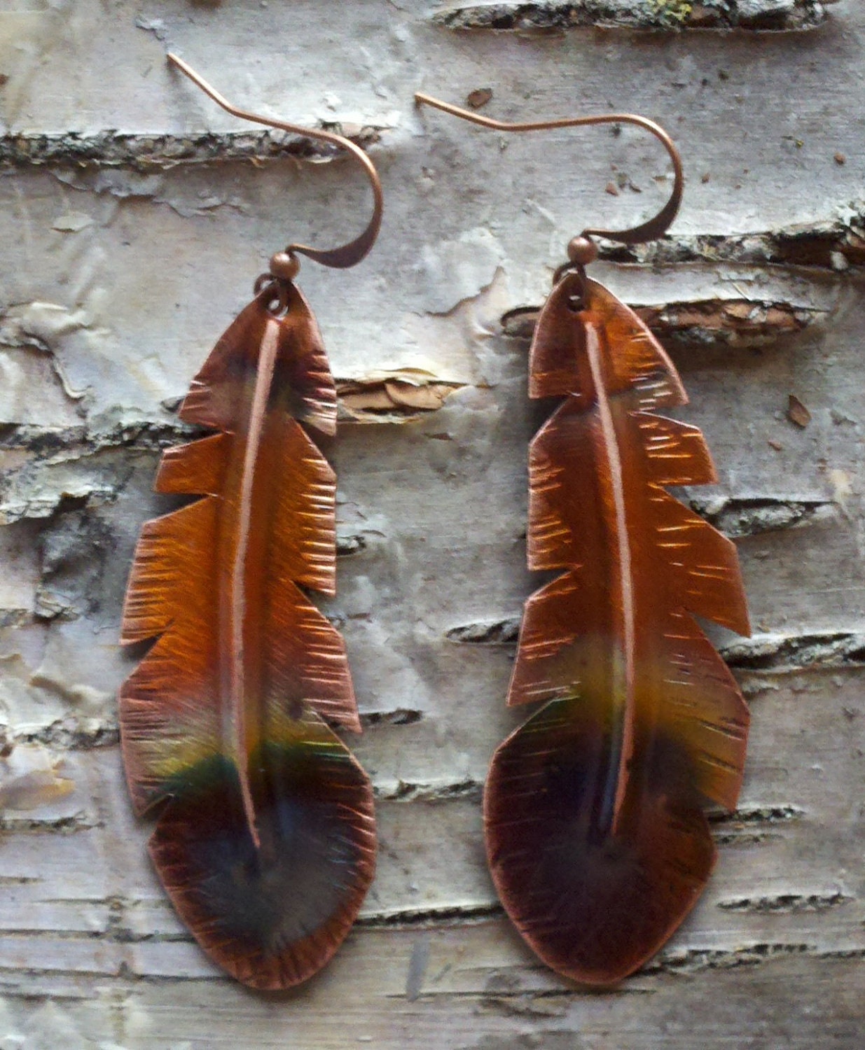 Handcrafted Heated Copper Feather Earrings