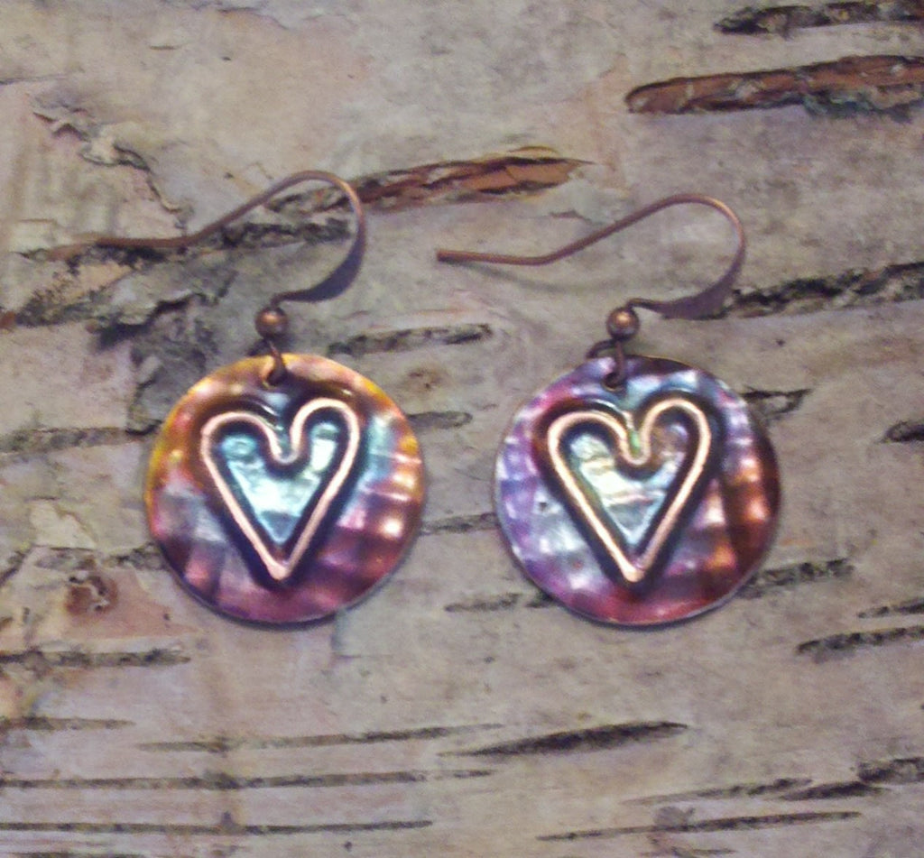 Handcrafted Copper  Disc with Heart Design Earrings