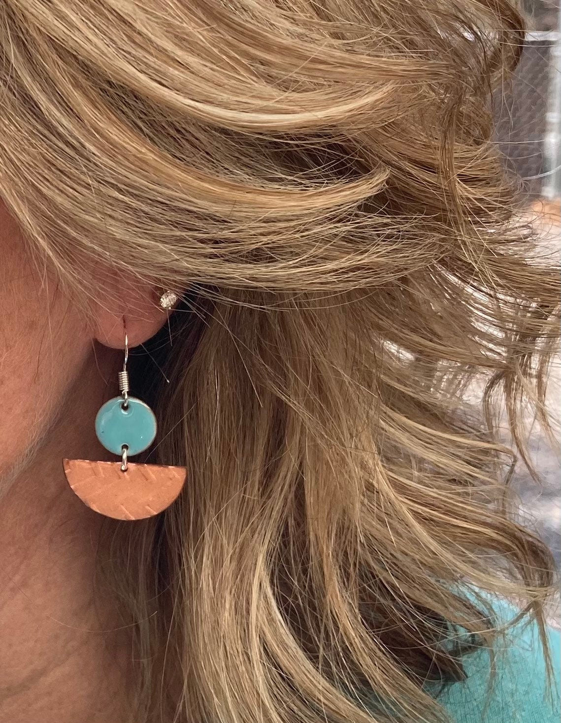 Copper Enameled Earrings, Trendy Earrings, turquoise, Geometric,