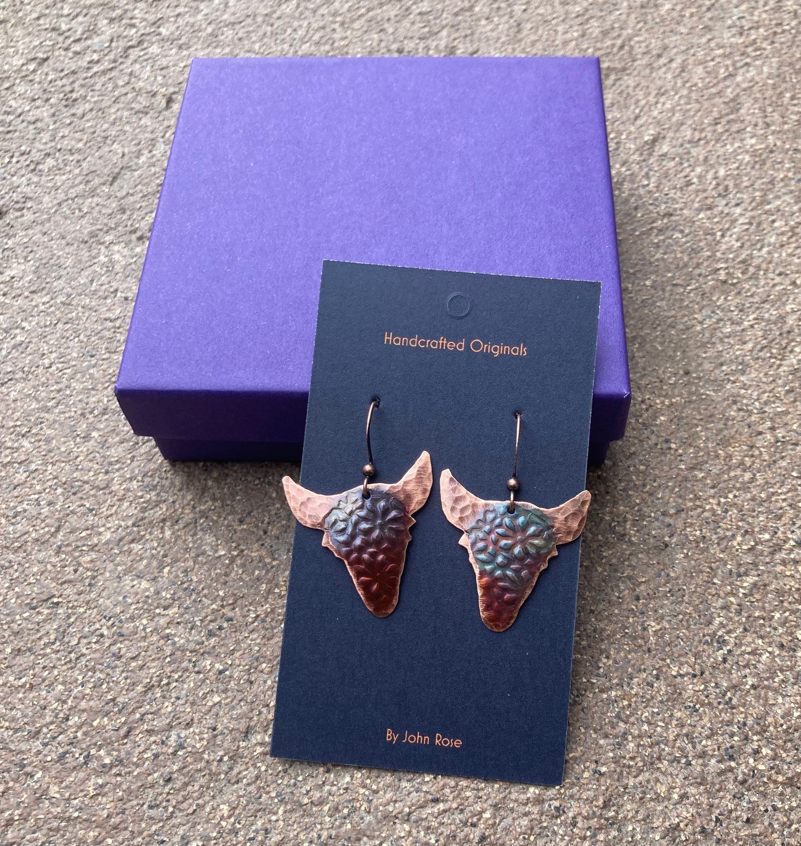 Handcrafted Copper  Bison Buffalo Skull  with flower Design Earrings