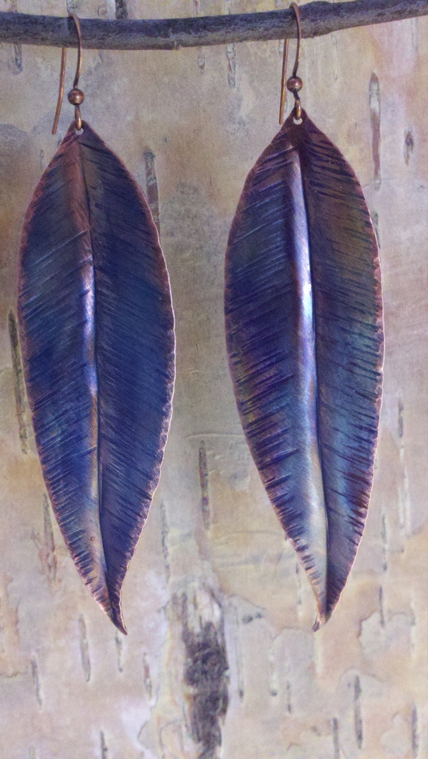 Handcrafted Heated Copper Leaf Earrings