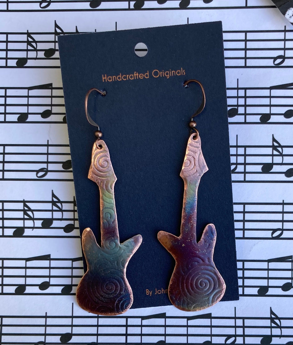 Handcrafted Heated Copper Guitar Earrings, Music Lover, Muscian