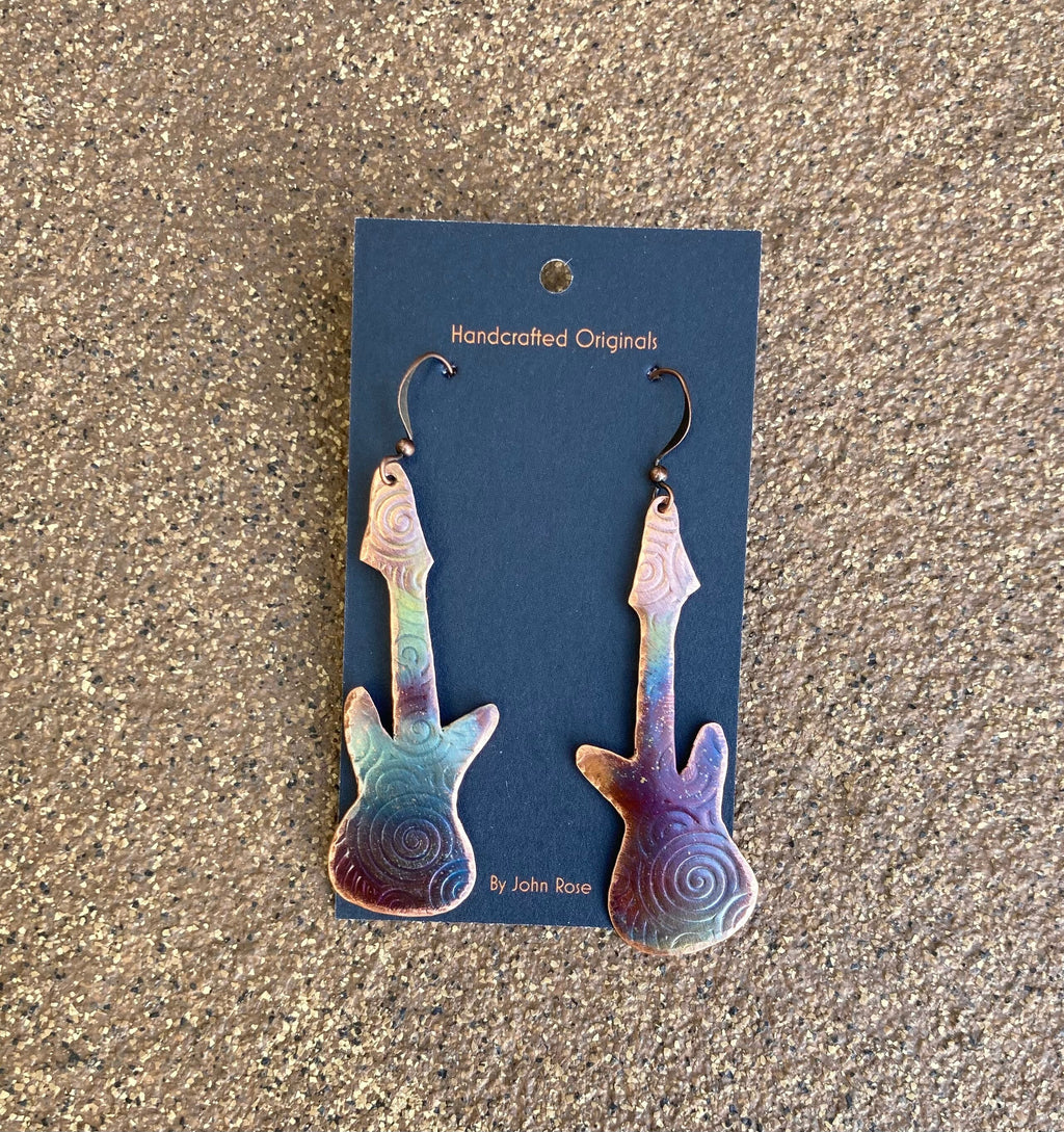 Handcrafted Heated Copper Guitar Earrings, Music Lover, Muscian