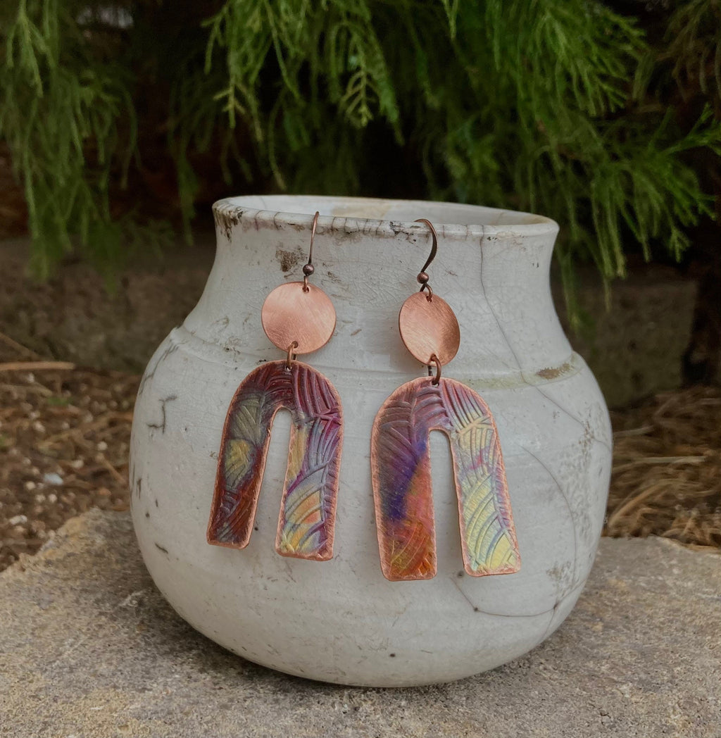 Large Heated Copper Earrings, Trendy, Funky, Boho style