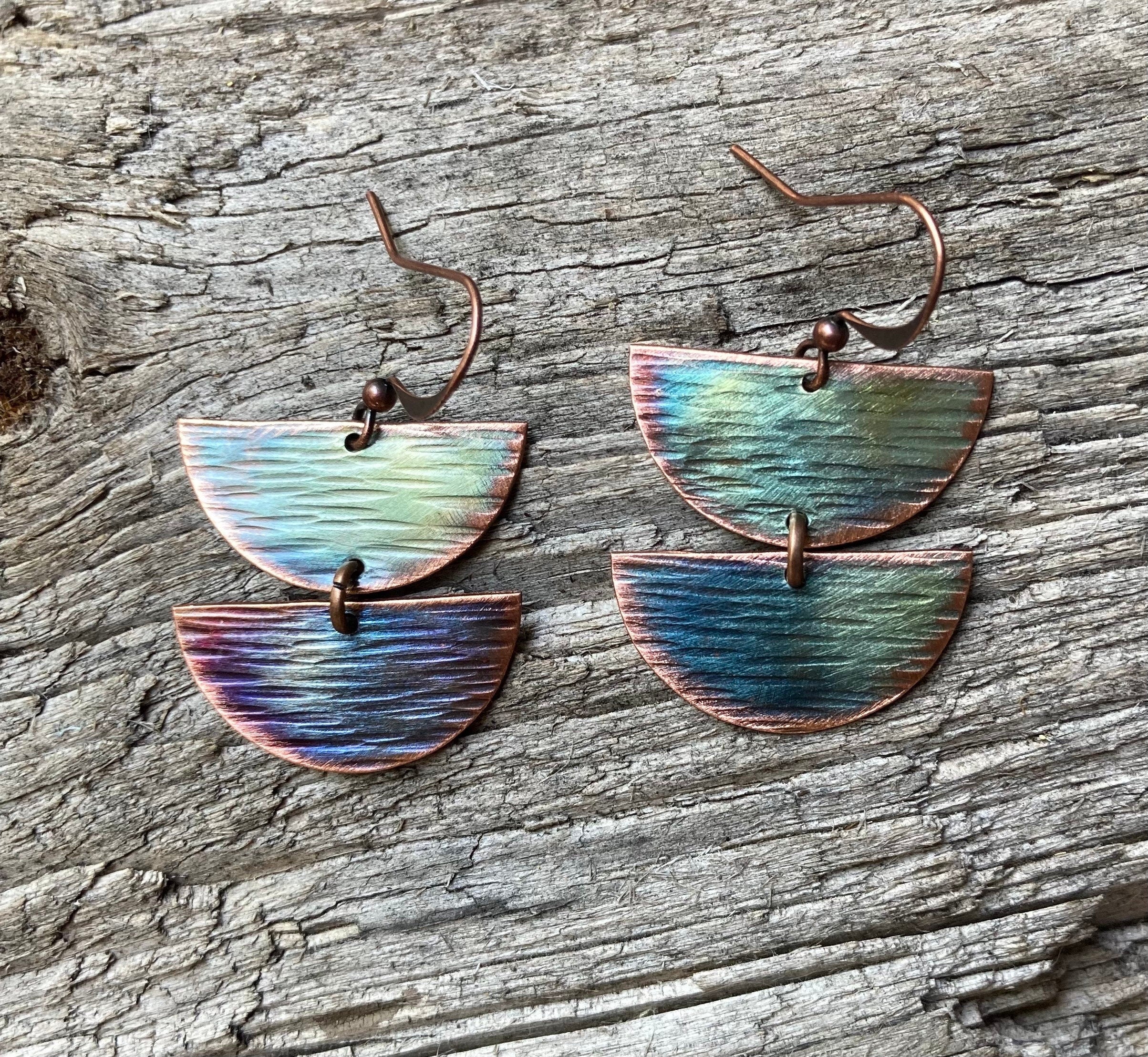 Handcrafted Copper Earrings, boho, modern, geometric, torched