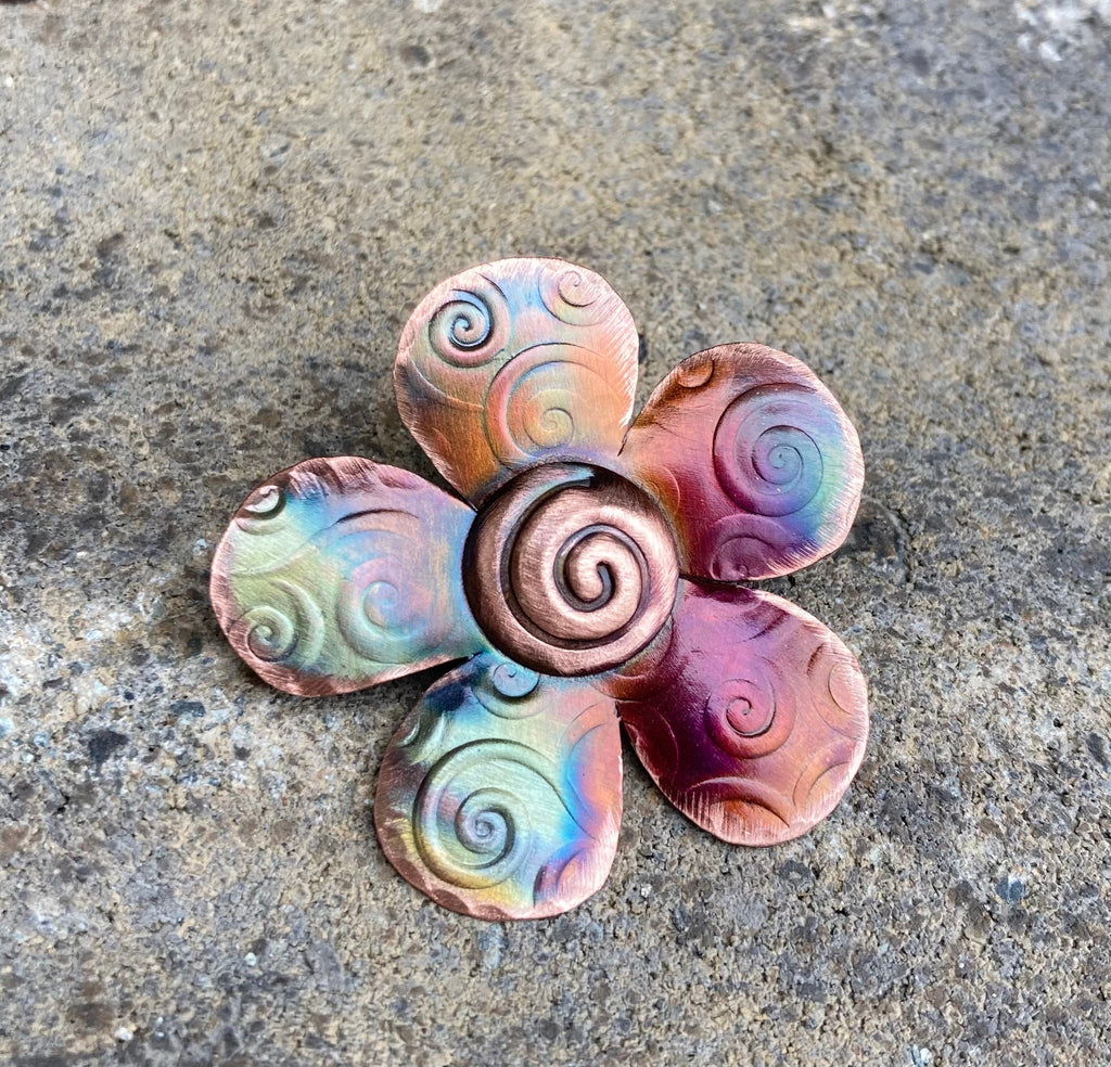 Handcrafted Copper Flower with swirl Pin, floral, garden,