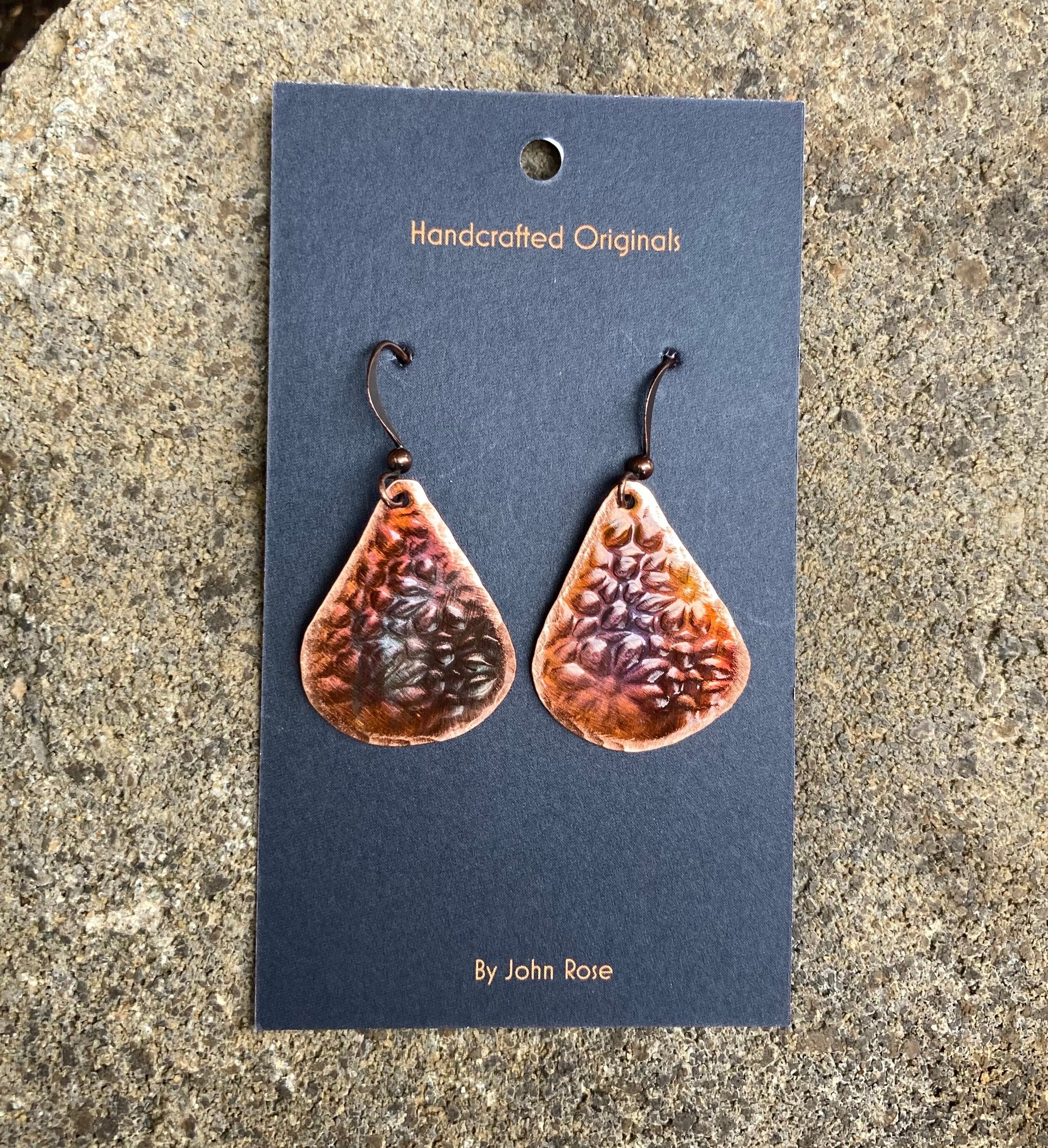 Handcrafted Copper Flower Print Tear Drop Earrings…