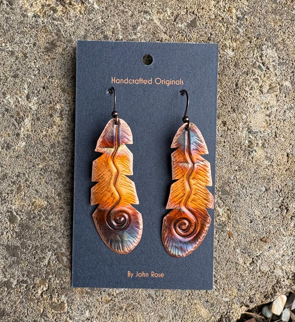 Handcrafted Heated Copper Feather with Swirl Earrings