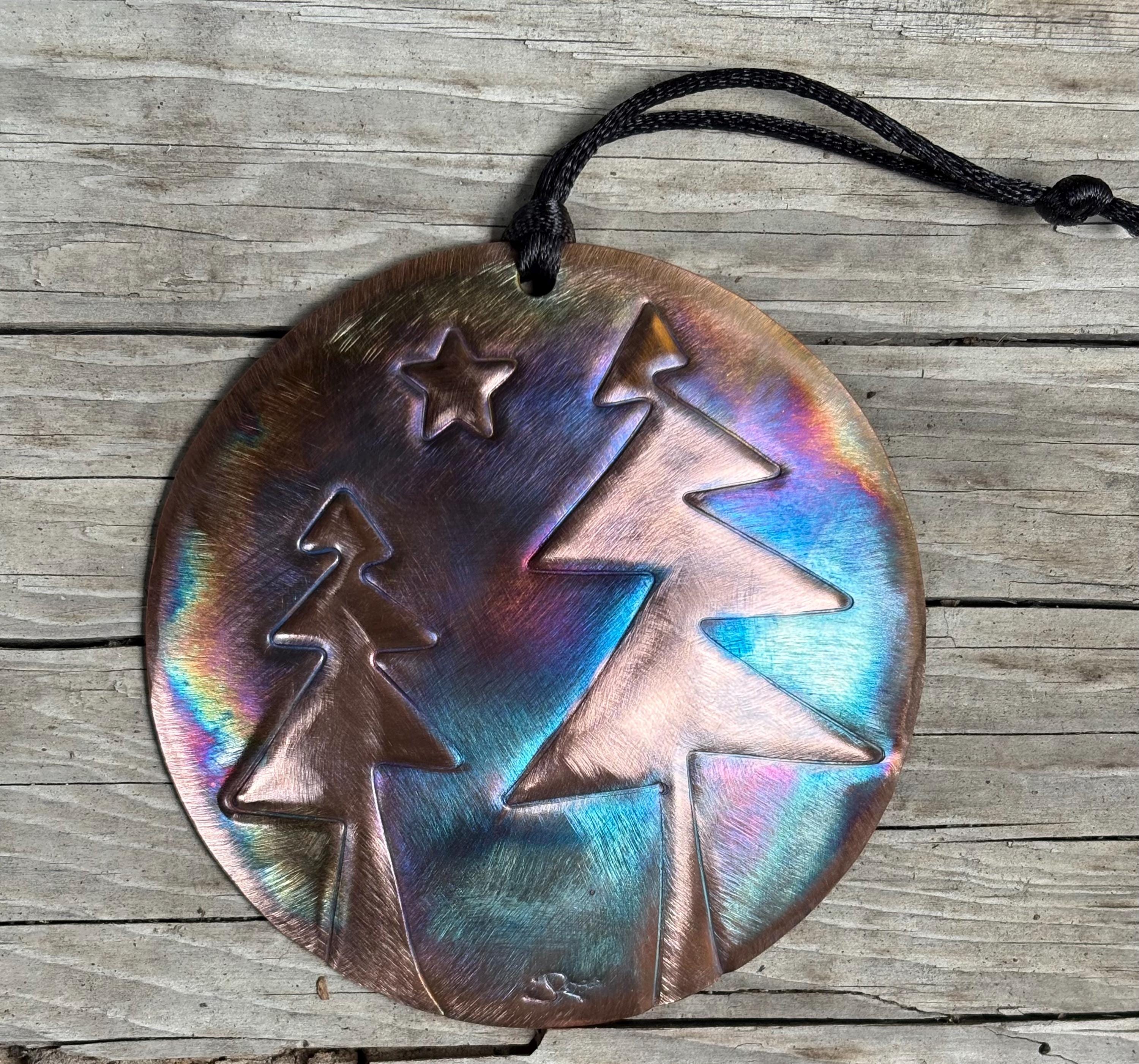 Handcrafted Copper Round  Two Tree Ornament w twinkling Star, Forest, Nature