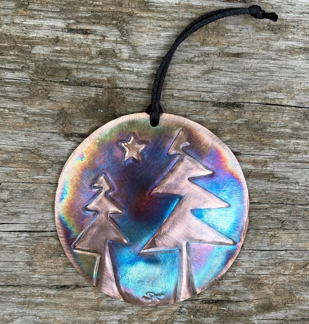 Handcrafted Copper Round  Two Tree Ornament w twinkling Star, Forest, Nature