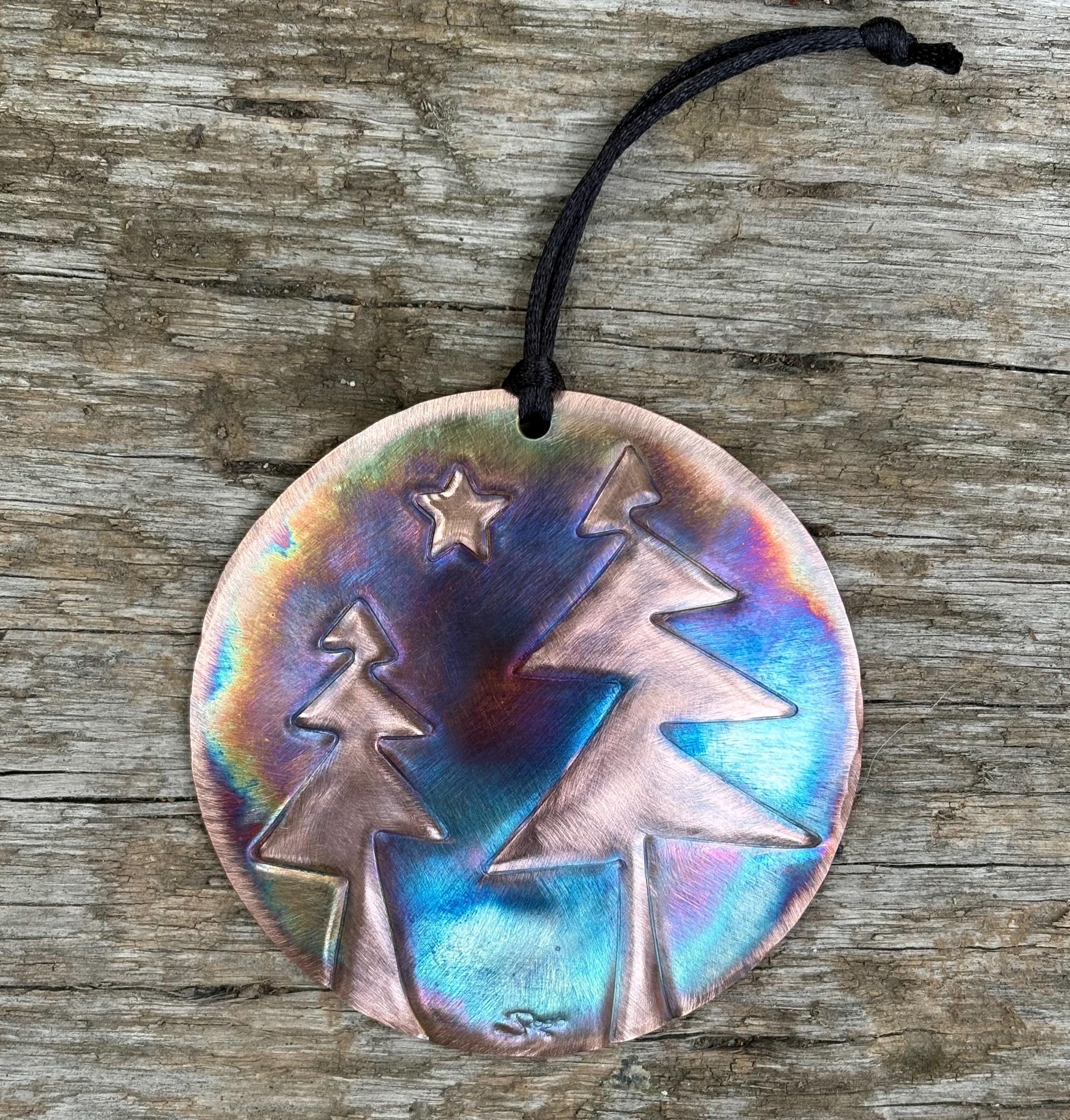 Handcrafted Copper Round  Two Tree Ornament w twinkling Star, Forest, Nature