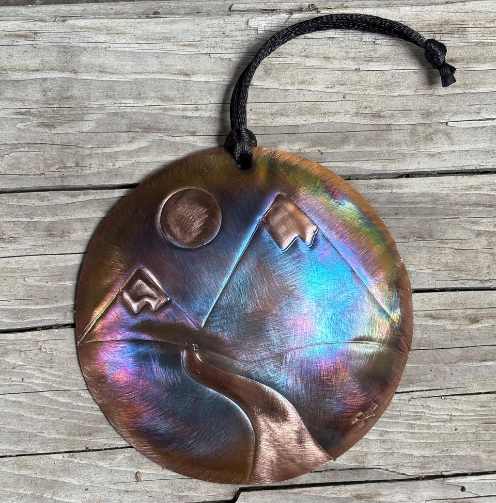 Handcrafted Copper Round  Mountain Scene, River,  Forest, Nature