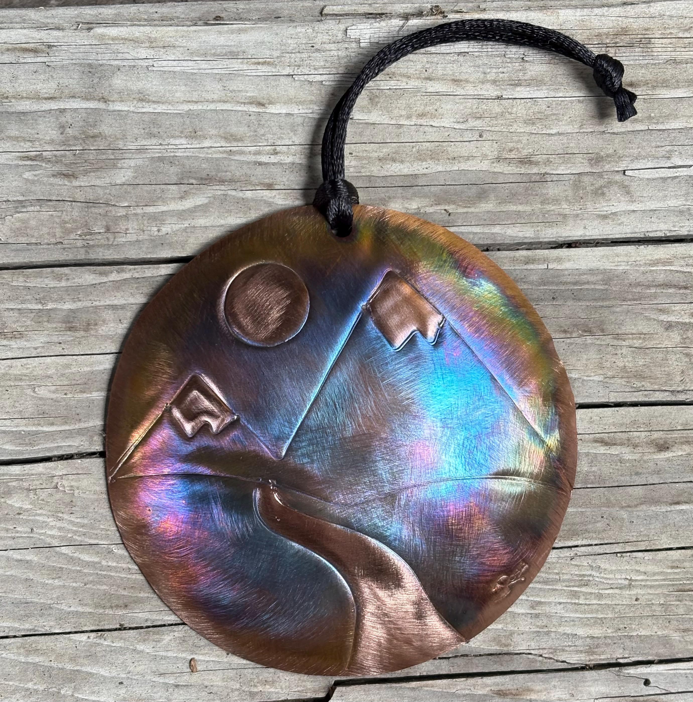 Handcrafted Copper Round  Mountain Scene, River,  Forest, Nature