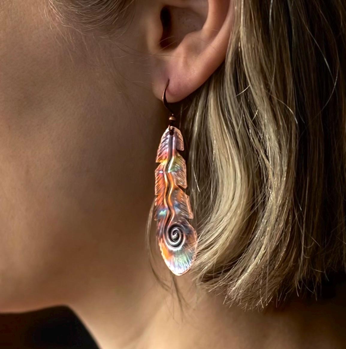 Handcrafted Heated Copper Feather with Swirl Earrings