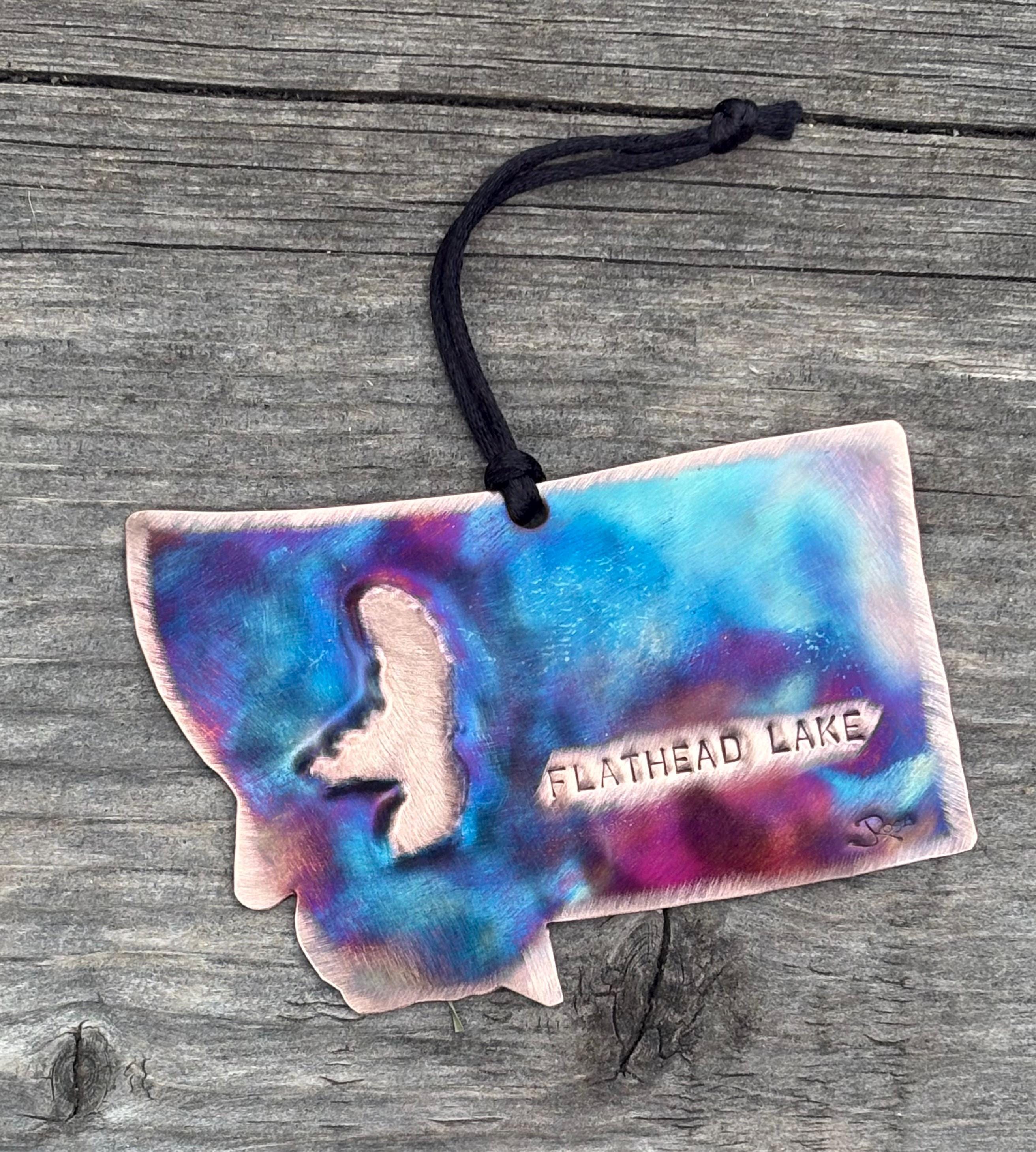 Montana fired copper Ornament with Flathead Lake imprint,