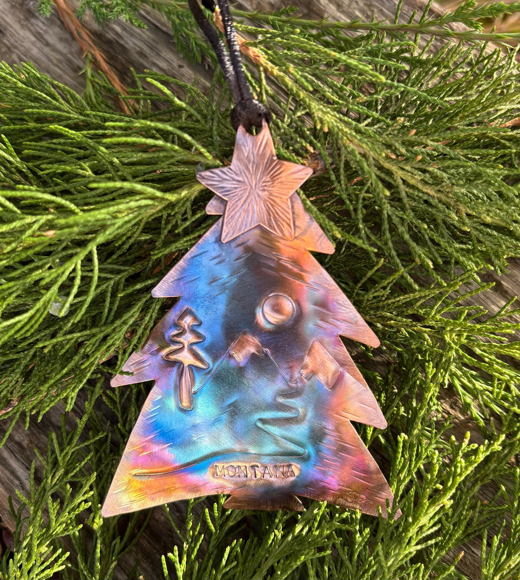 Handcrafted Copper Tree with mountain scene Ornament, Personalize, Christmas, Gift