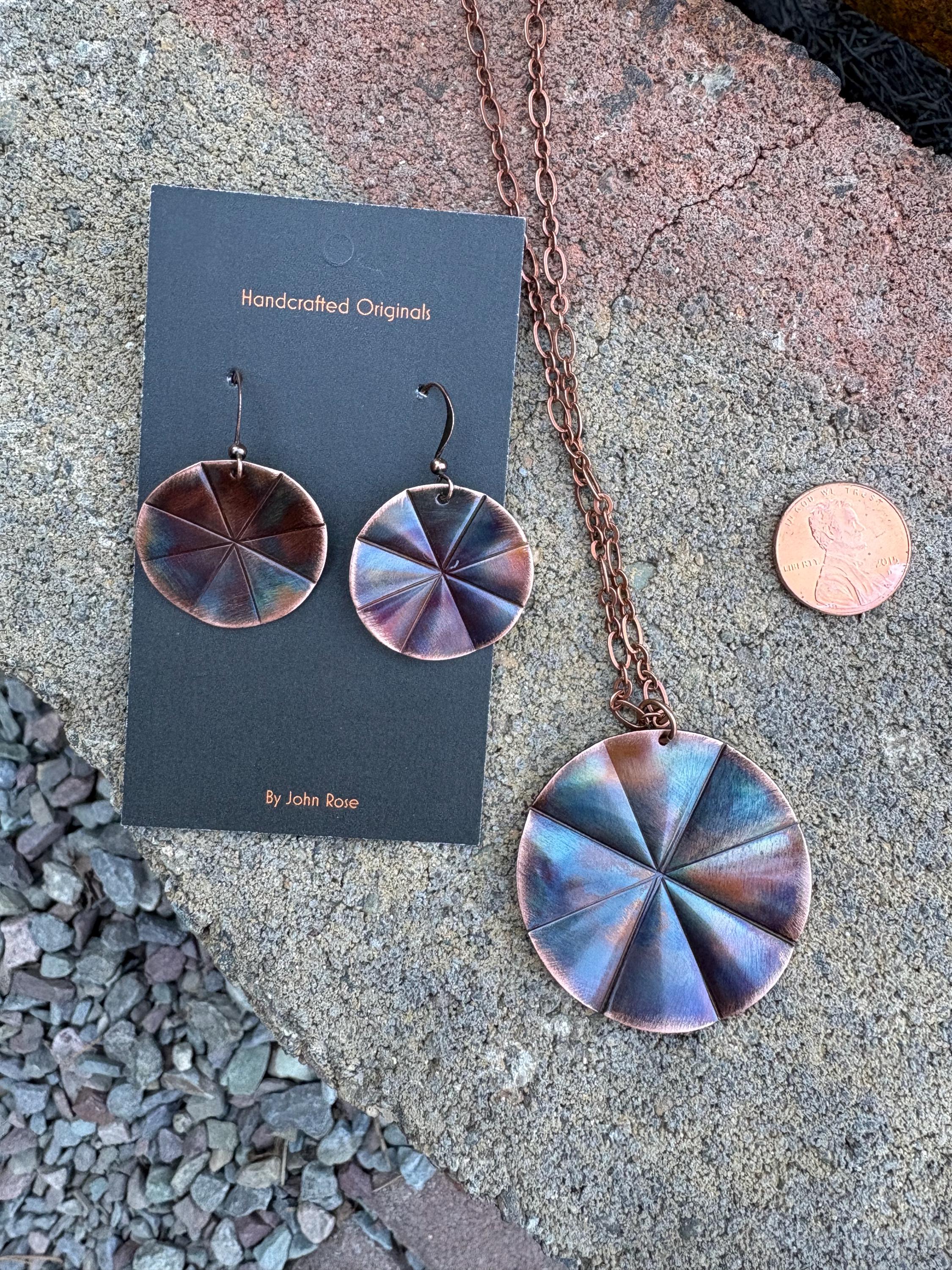 Torched Copper Fluted Necklace and Earring set, blue, wheel, gift
