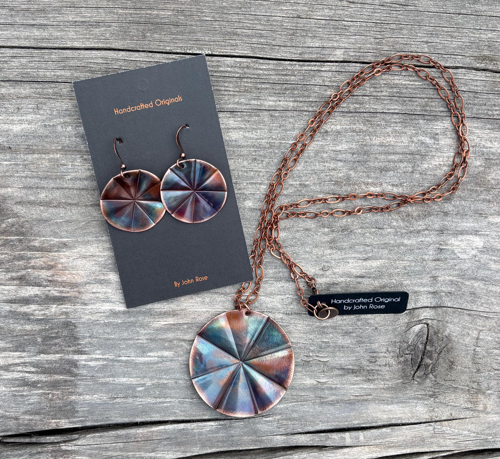 Torched Copper Fluted Necklace and Earring set, blue, wheel, gift