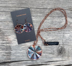 Torched Copper Fluted Necklace and Earring set, blue, wheel, gift