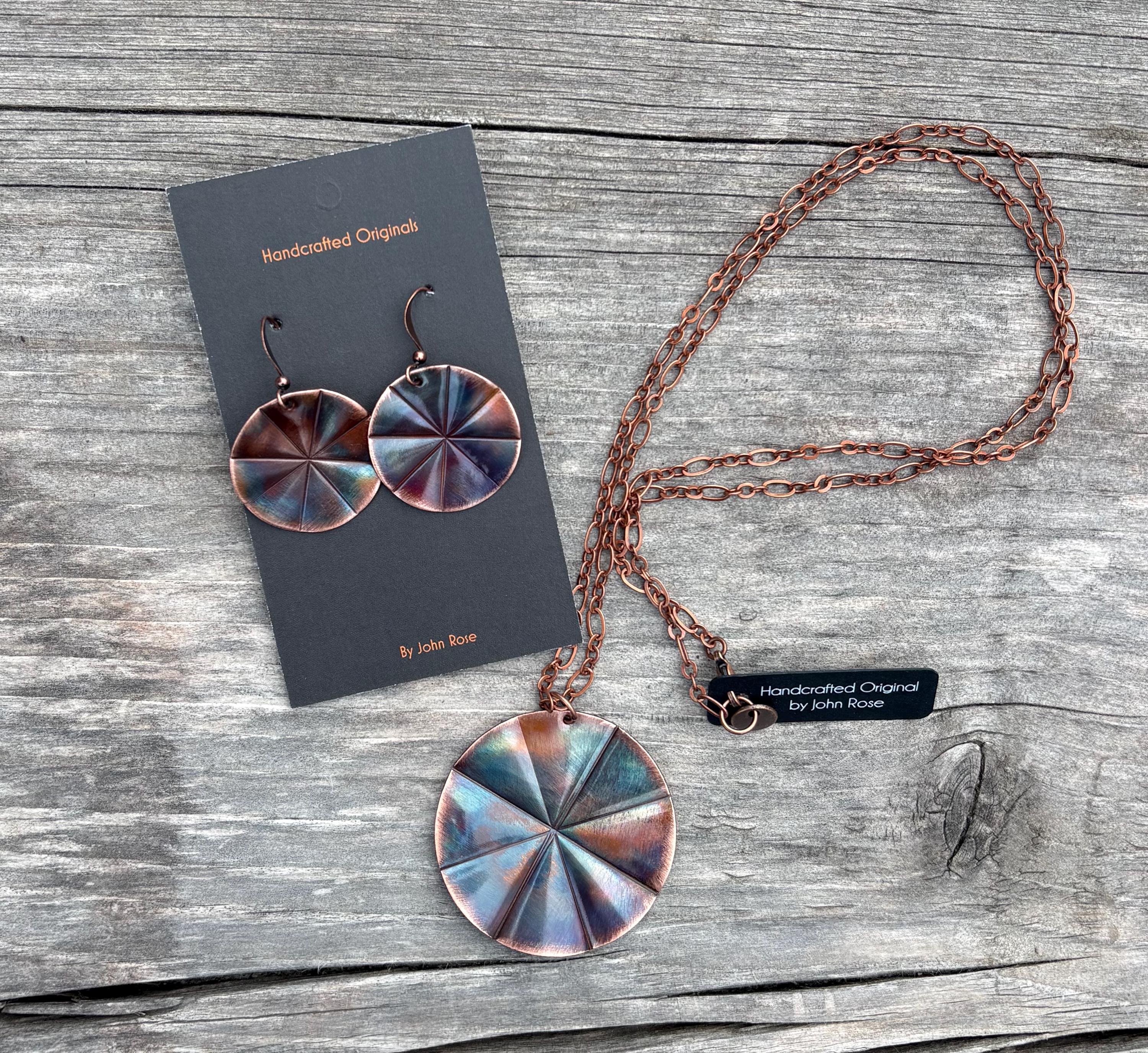 Torched Copper Fluted Necklace and Earring set, blue, wheel, gift