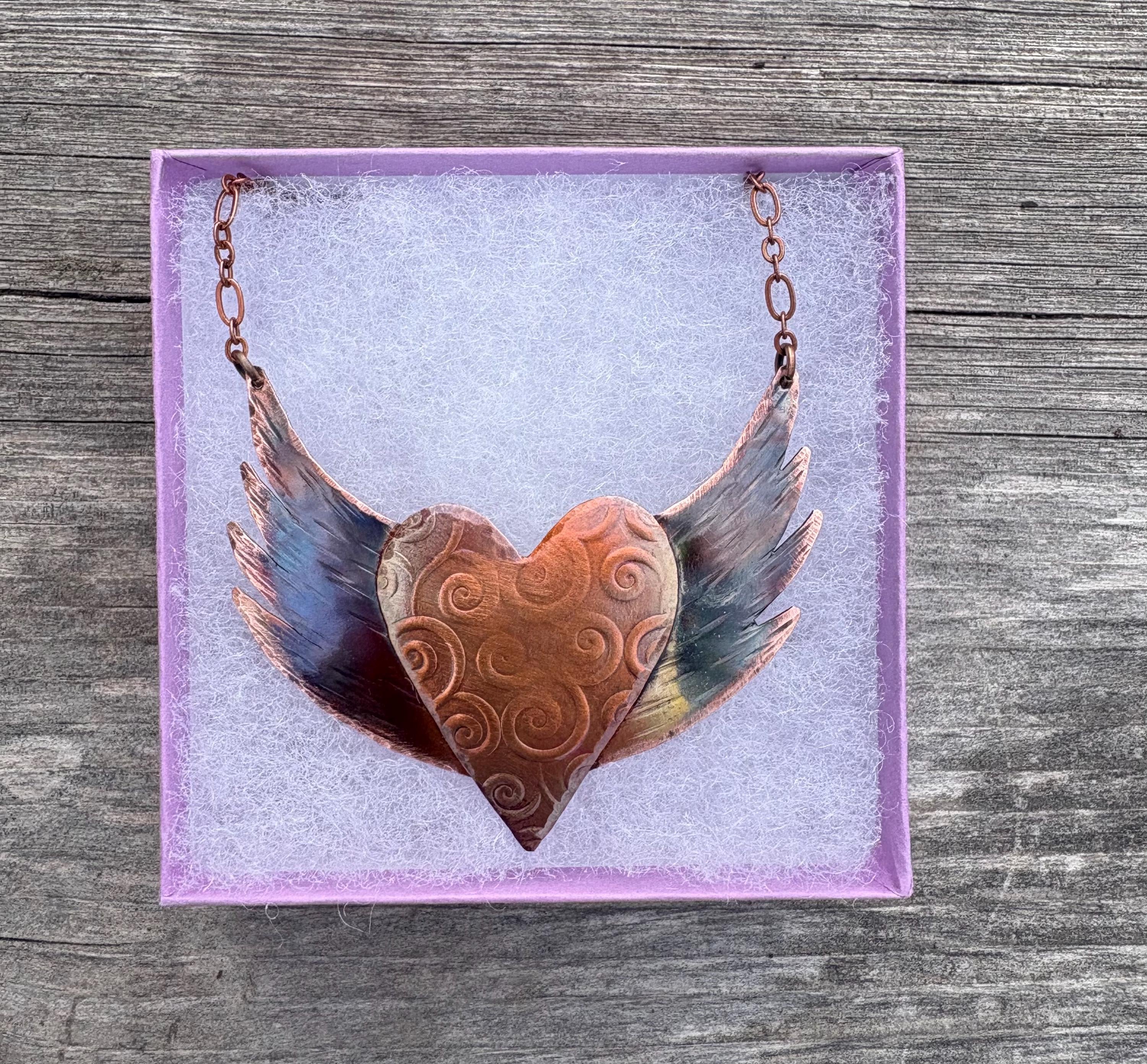 Handcrafted Copper Heart with Wings Pendant Necklace, Angel, flight, hope, love,freedom