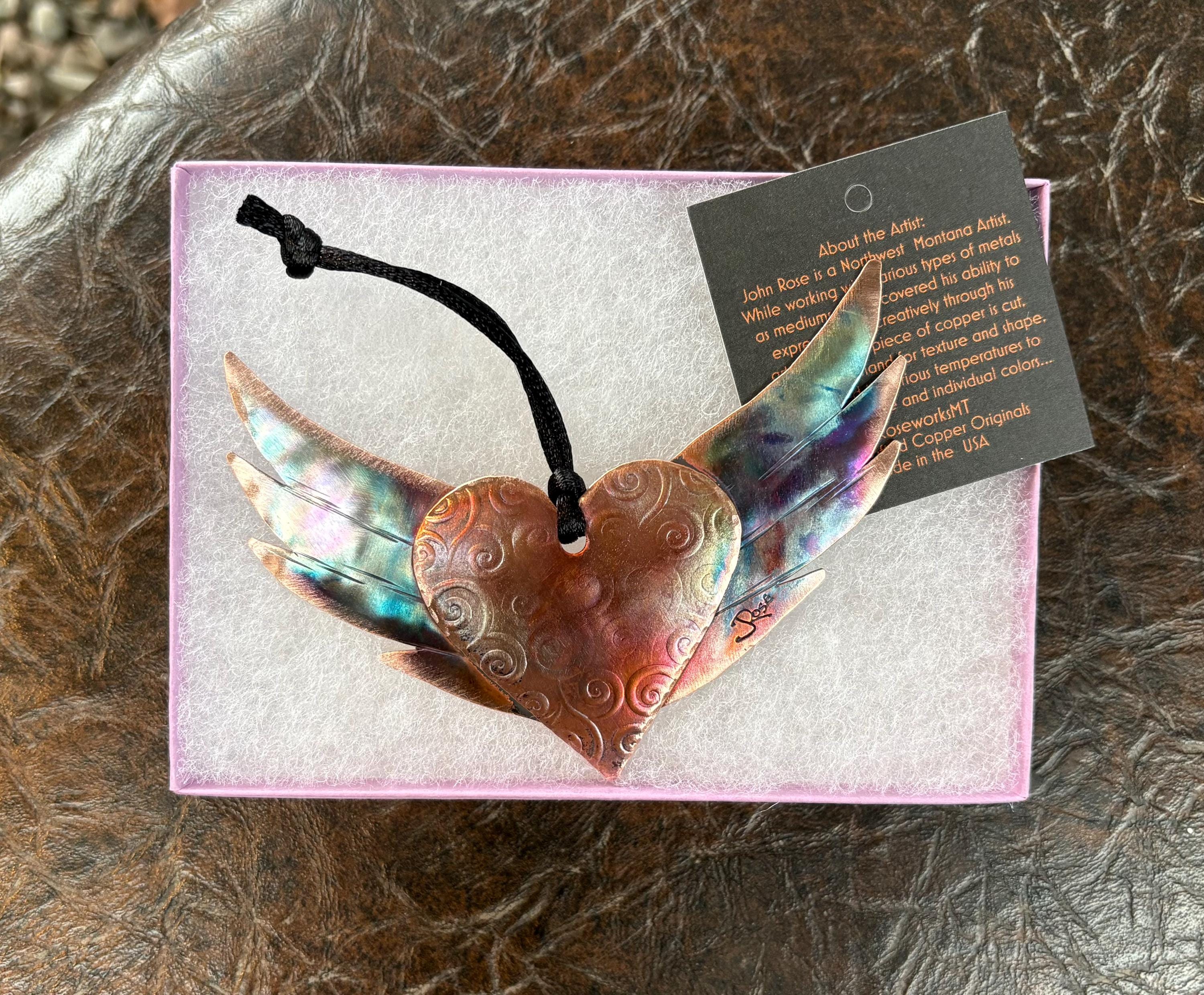 Handcrafted Copper Heart on Wings Ornament, Remember, Honor, Angel, Love, Flight, Angel Wings
