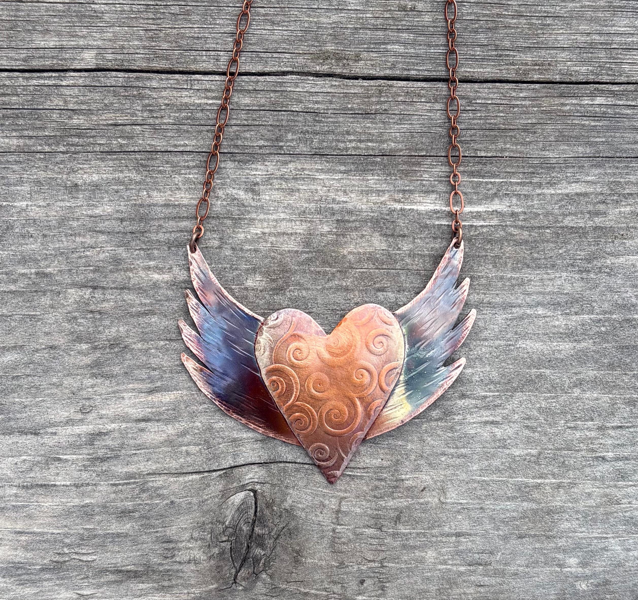 Handcrafted Copper Heart with Wings Pendant Necklace, Angel, flight, hope, love,freedom