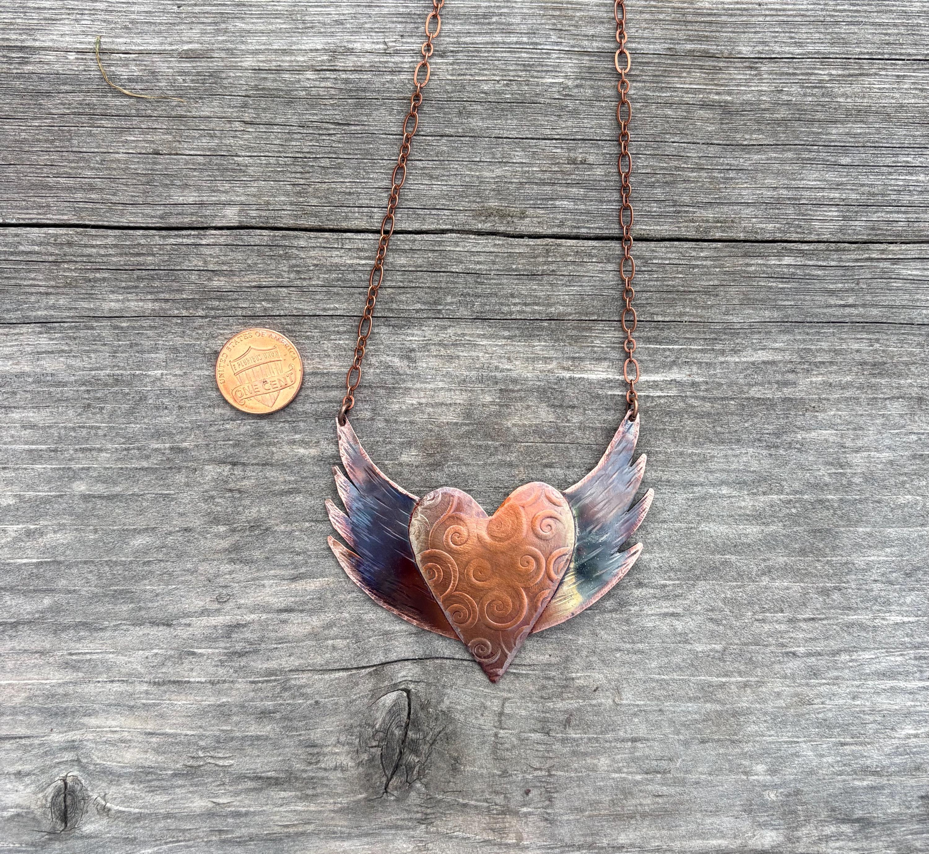 Handcrafted Copper Heart with Wings Pendant Necklace, Angel, flight, hope, love,freedom