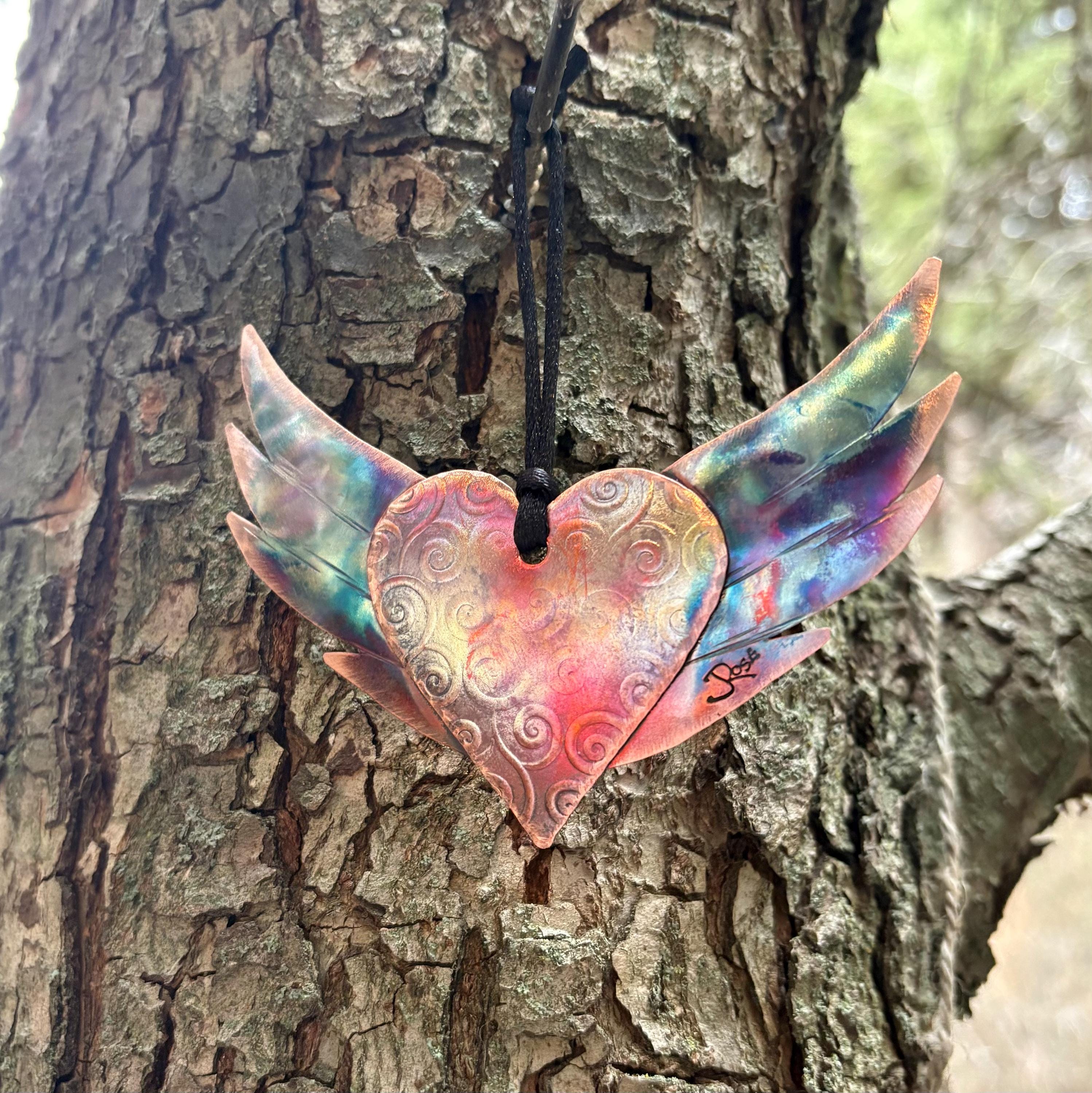 Handcrafted Copper Heart on Wings Ornament, Remember, Honor, Angel, Love, Flight, Angel Wings