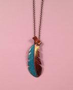 Handcrafted Copper with Enameled Feather Pendant Necklace