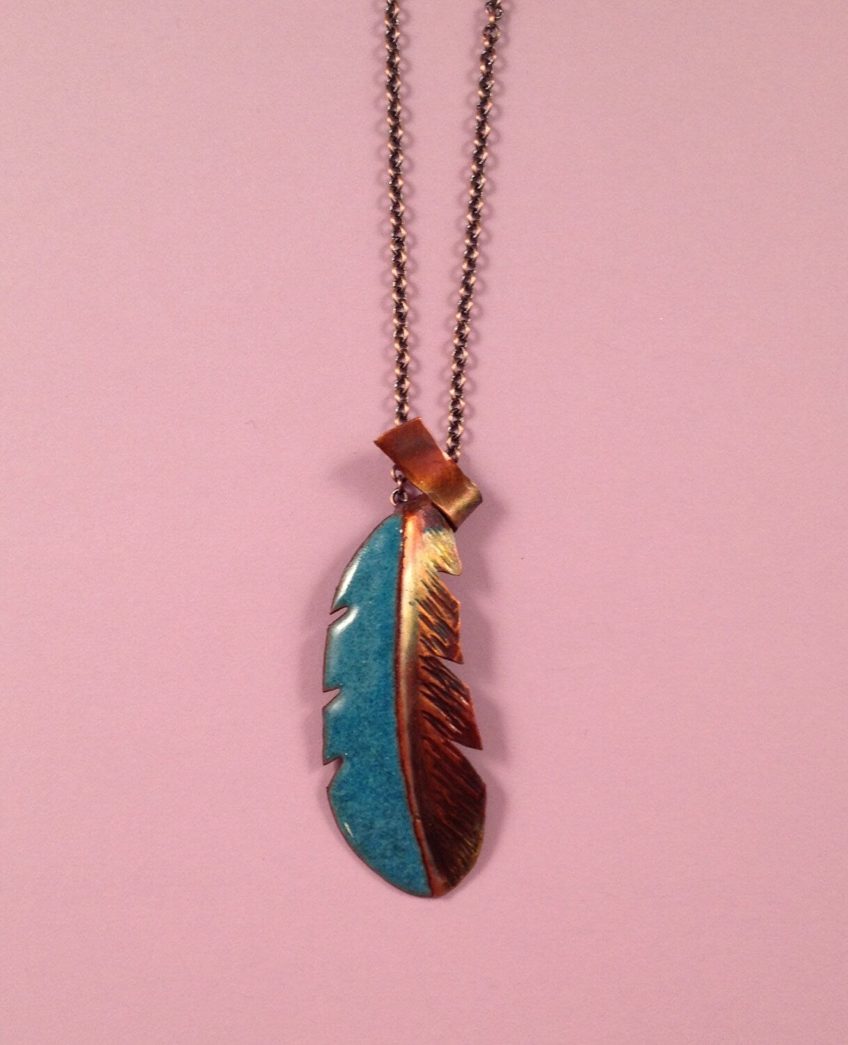 Handcrafted Copper with Enameled Feather Pendant Necklace
