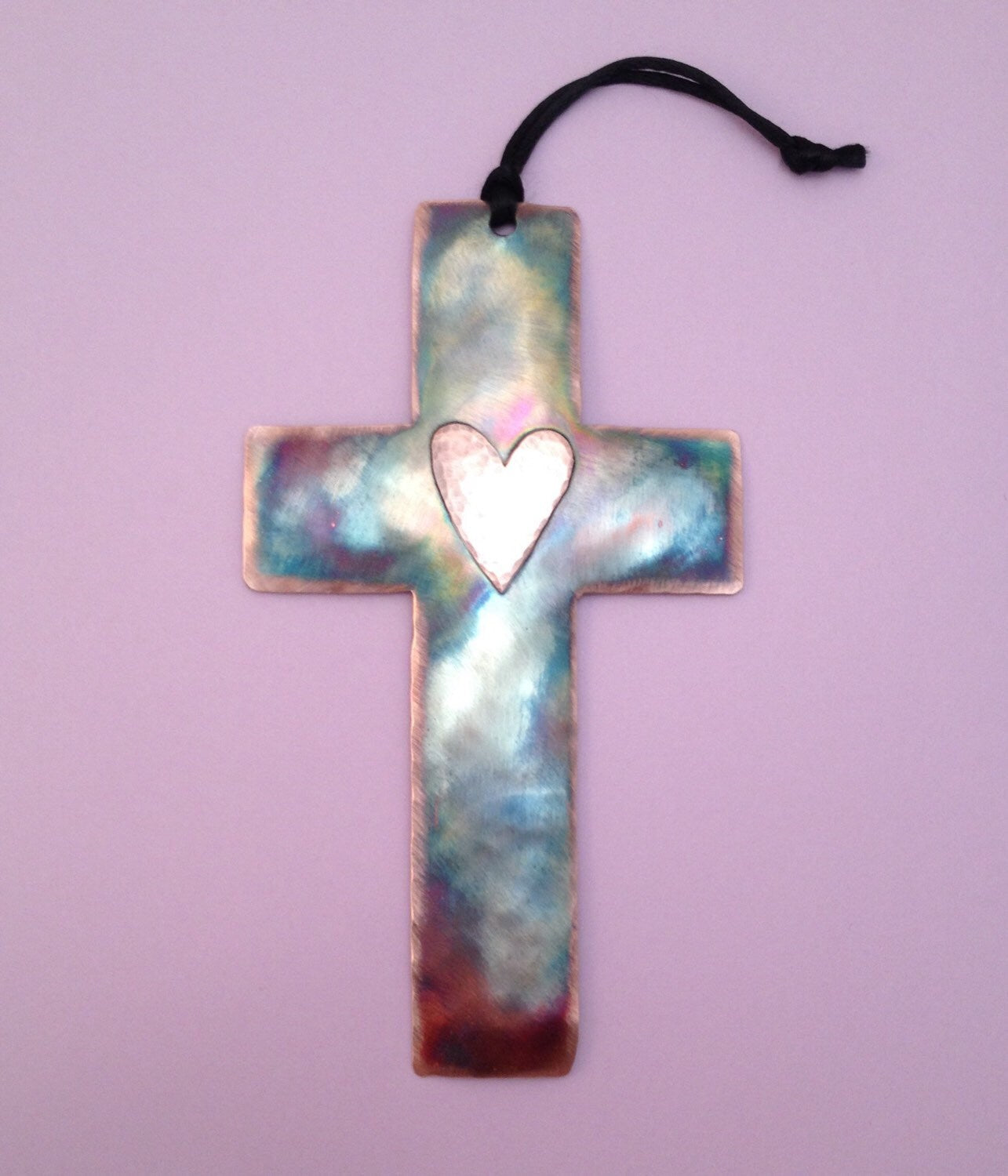 Handcrafted Copper Cross with Heart Ornament