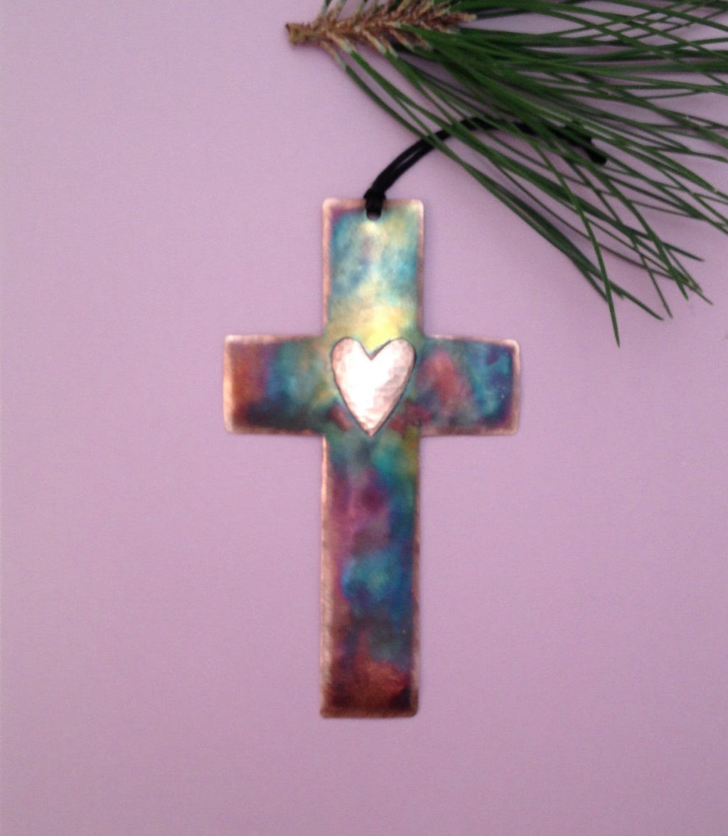 Handcrafted Copper Cross with Heart Ornament
