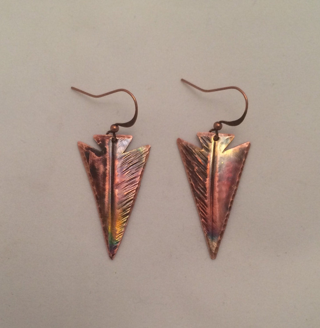 Handcrafted Heated Copper Arrowhead Earrings